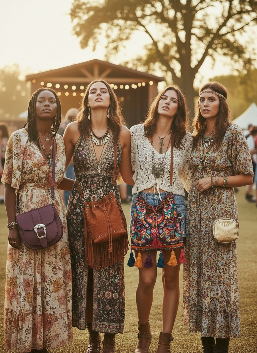 A group of diverse young women at an outdoor music festival at golden hour, all in boho / hippie-inspired outfits (floral dresses, denim shorts, crochet tops, layered jewelry). Each woman carries a different statement handbag: one has a slouchy tan suede bucket bag with long fringes and studs; another has a structured deep plum saddle bag with a bold metal buckle; another has a woven raffia crossbody with leather trim; another has a bright embroidered hobo bag with tassels; another has a small metallic mini bag with a chain strap. Their expressions are serious, high-fashion supermodel style, with confident, intense gazes. Warm, dreamy cinematic lighting, soft-focus festival background, editorial fashion photography style.